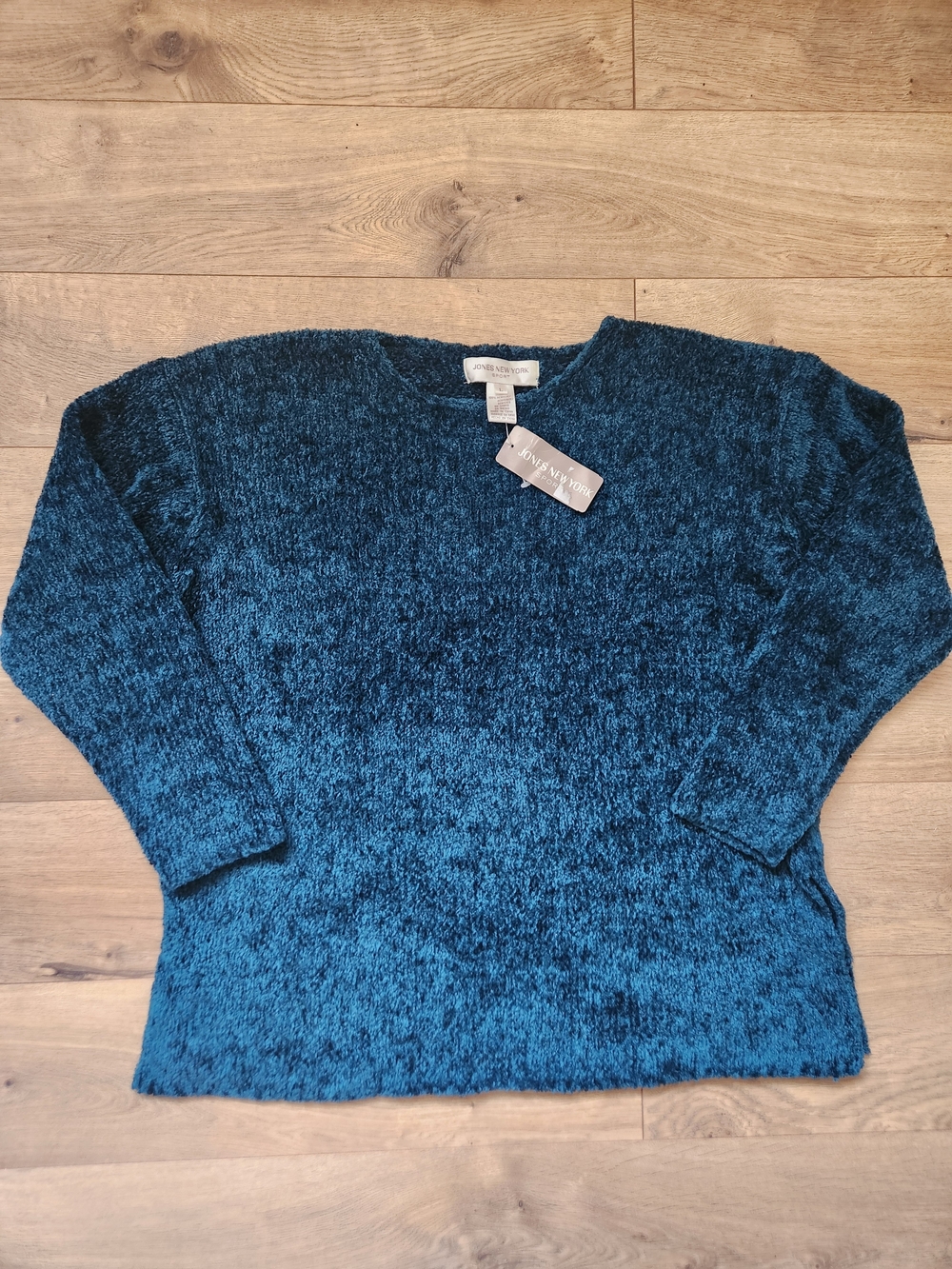 NWT Jones New York Teal Chenille Scoop Neck Sweater Split Hem Large